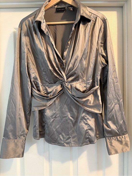 New York & Company Tops - New York & Company Silver Satin Knot-Front Button Down Blouse